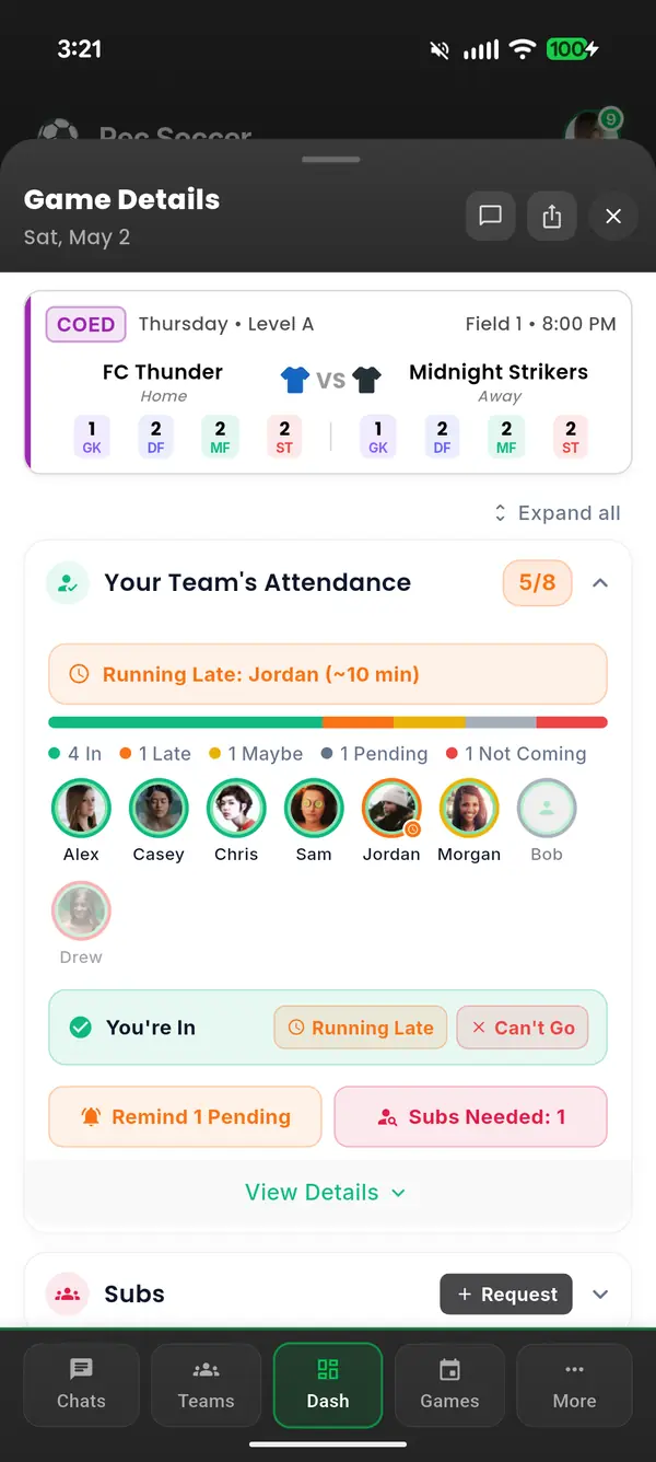 Soccer game day attendance and lineup tracking