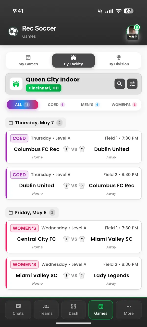 Game schedules by facility, division, and team
