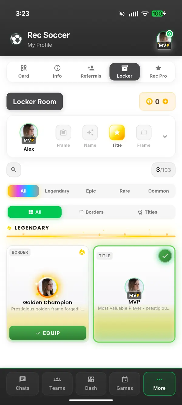 Player profile locker — frames, titles, badges