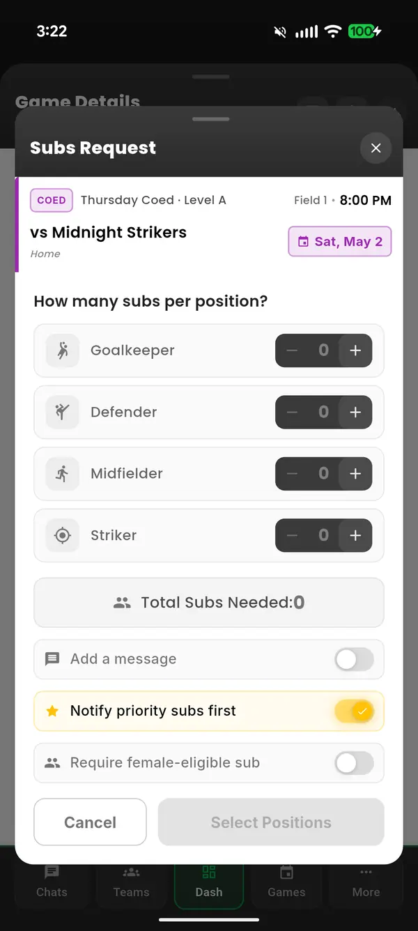 Sub finder — request soccer subs by position