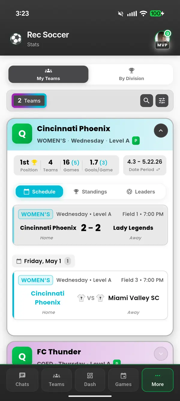 Team stats — schedule, standings, leaders