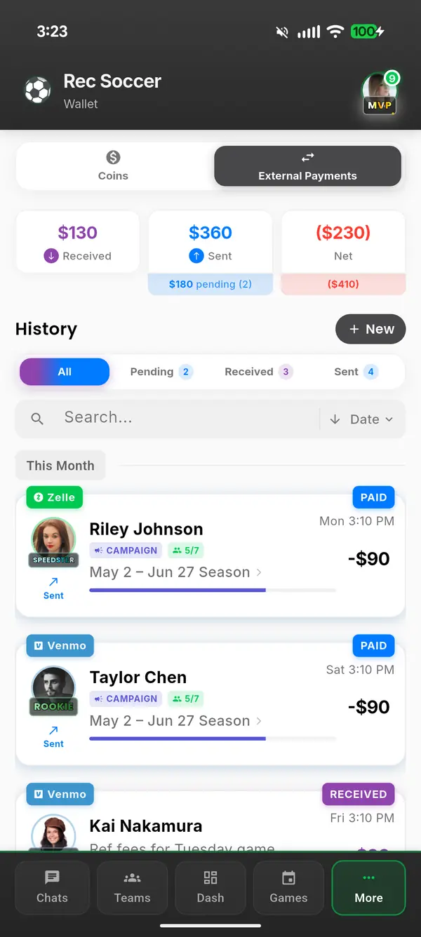 Team wallet — track Venmo, Cash App, Zelle, PayPal